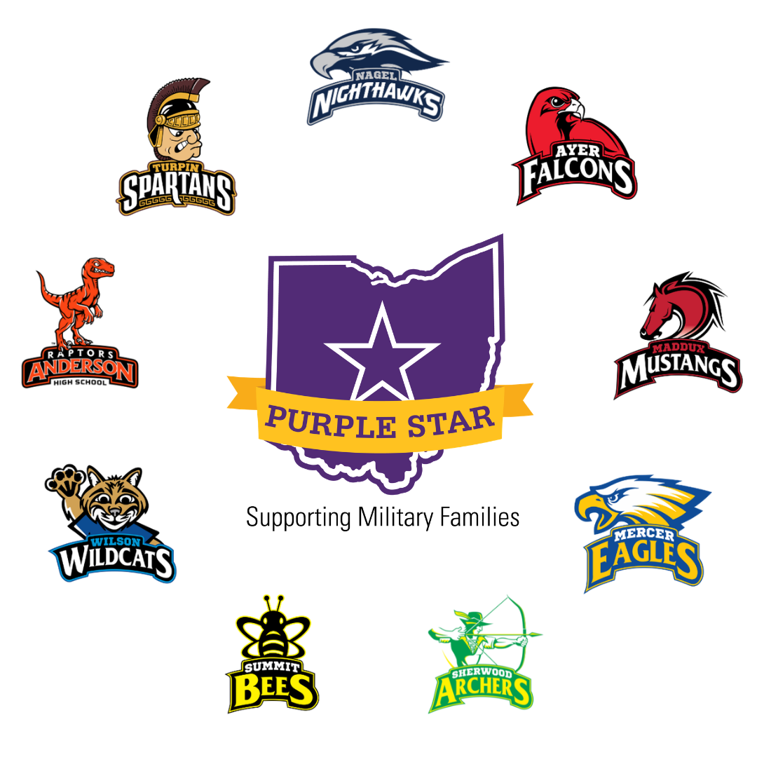 Ohio Purple Star Award logo with all fhsd school logos